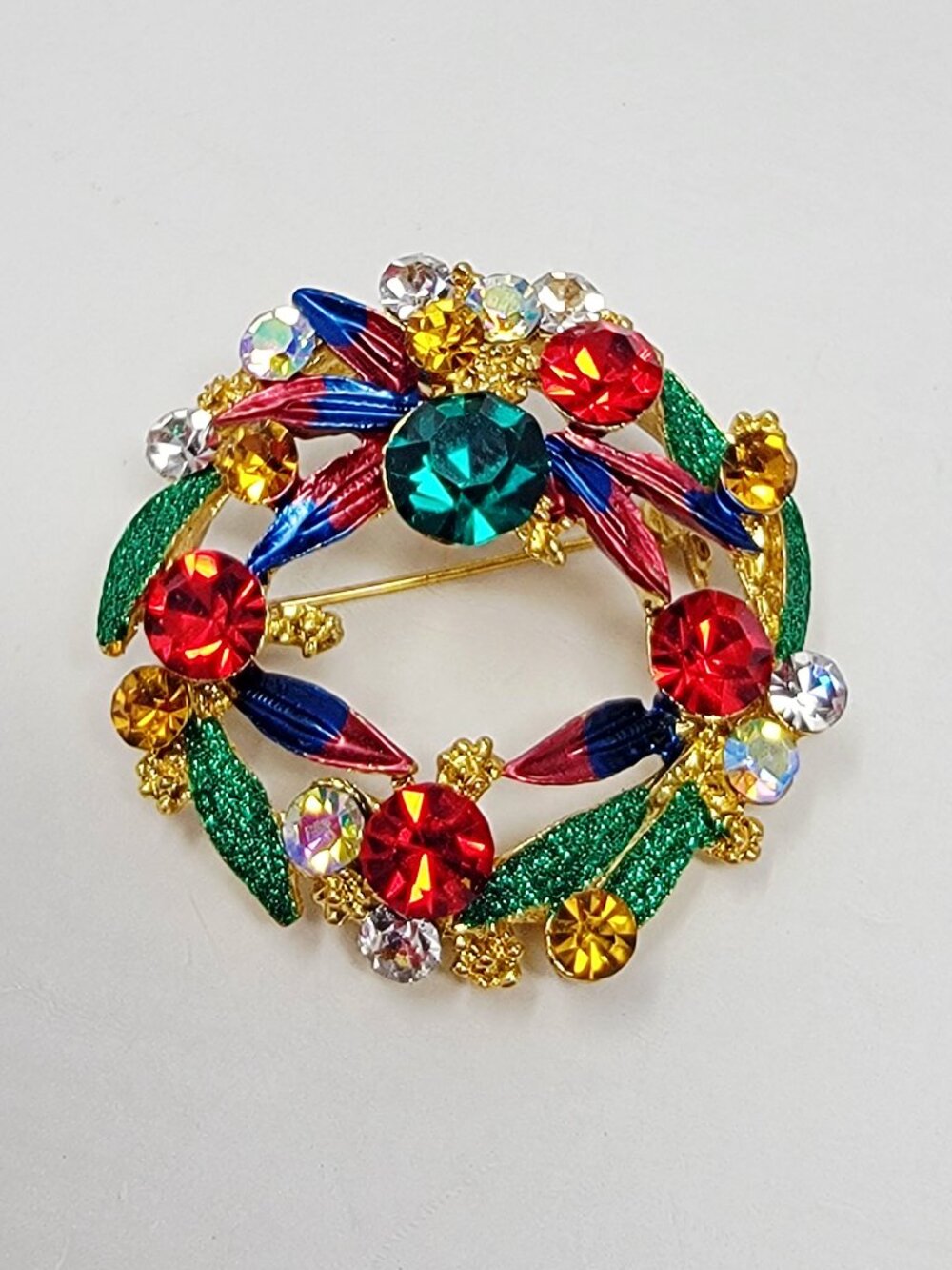 Vintage Floral Wreath Rhinestone Enamel Brooch Pin
